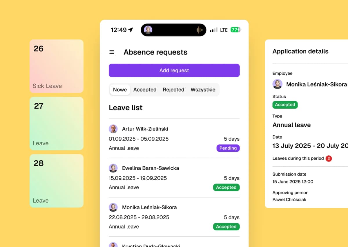 Leave requests and sick leave panel in Time8