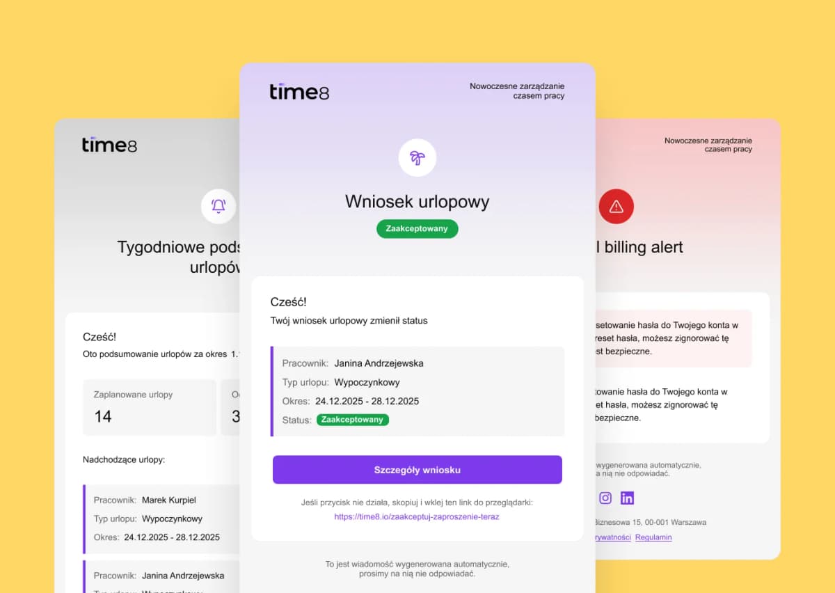 Powiadomienia email o zmianach w grafiku Time8